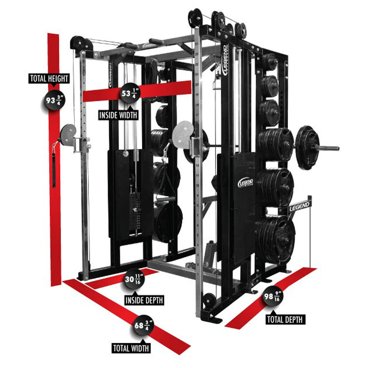 Black gym machine with red labels and dimensions on a white background