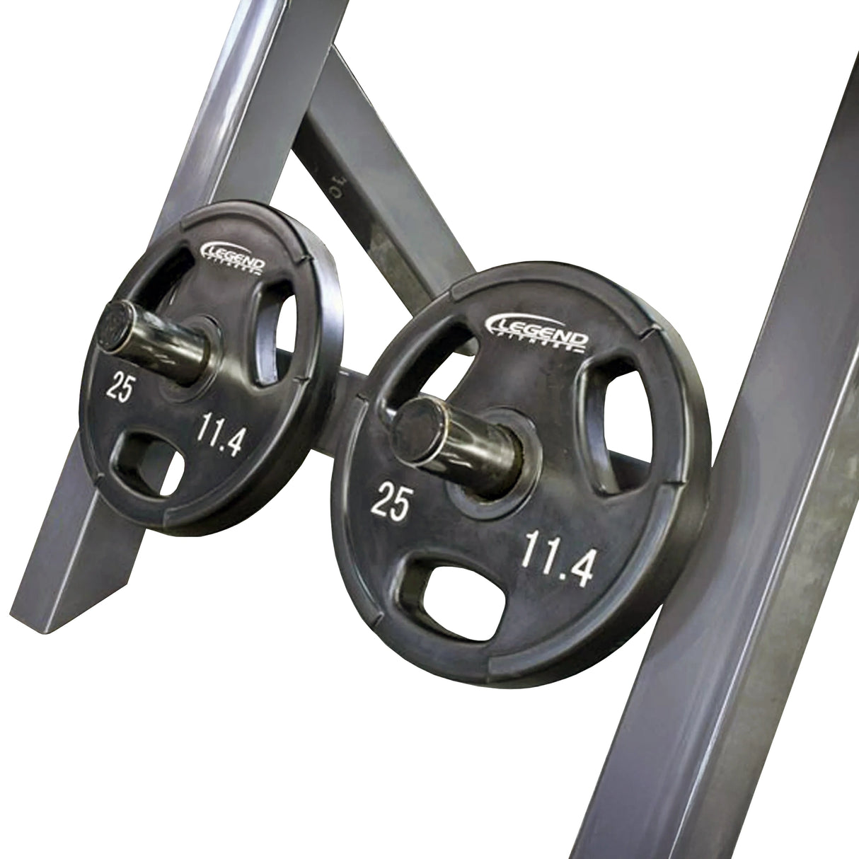 Close-up of weightlifting plate storage pegs connected to a gray metal frame with 'Legend Fitness' weight plates on a white background