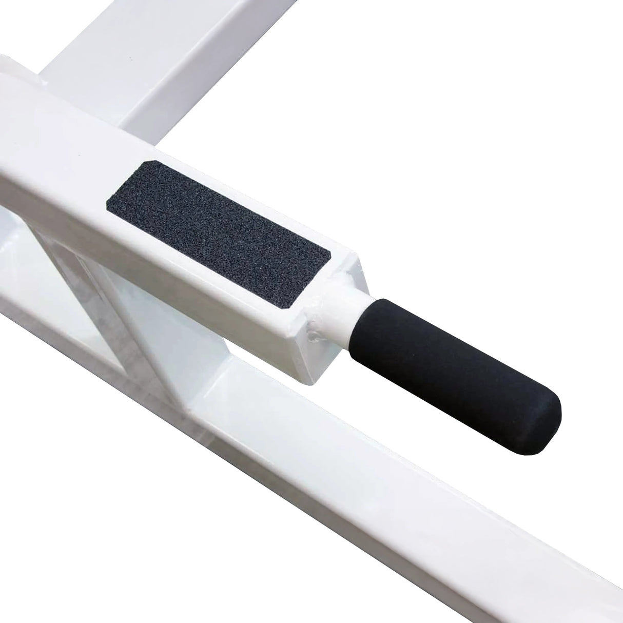 A close up image of a white metal frame with black highlights on a white background