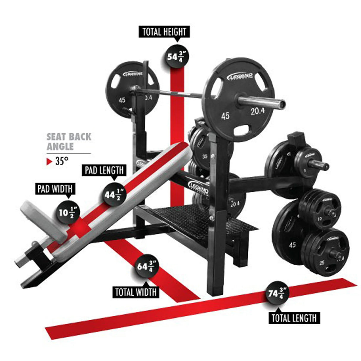 Weight bench with barbell and weight plates, showing measurements on a white background
