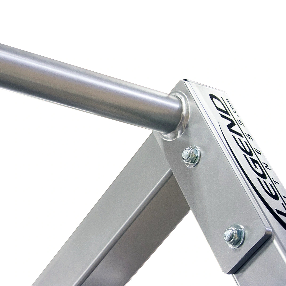 Metal frame with a Legend Fitness brand logo on a white background