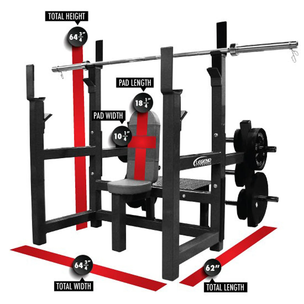 Gym shoulder press rack with measurements labeled on a white background