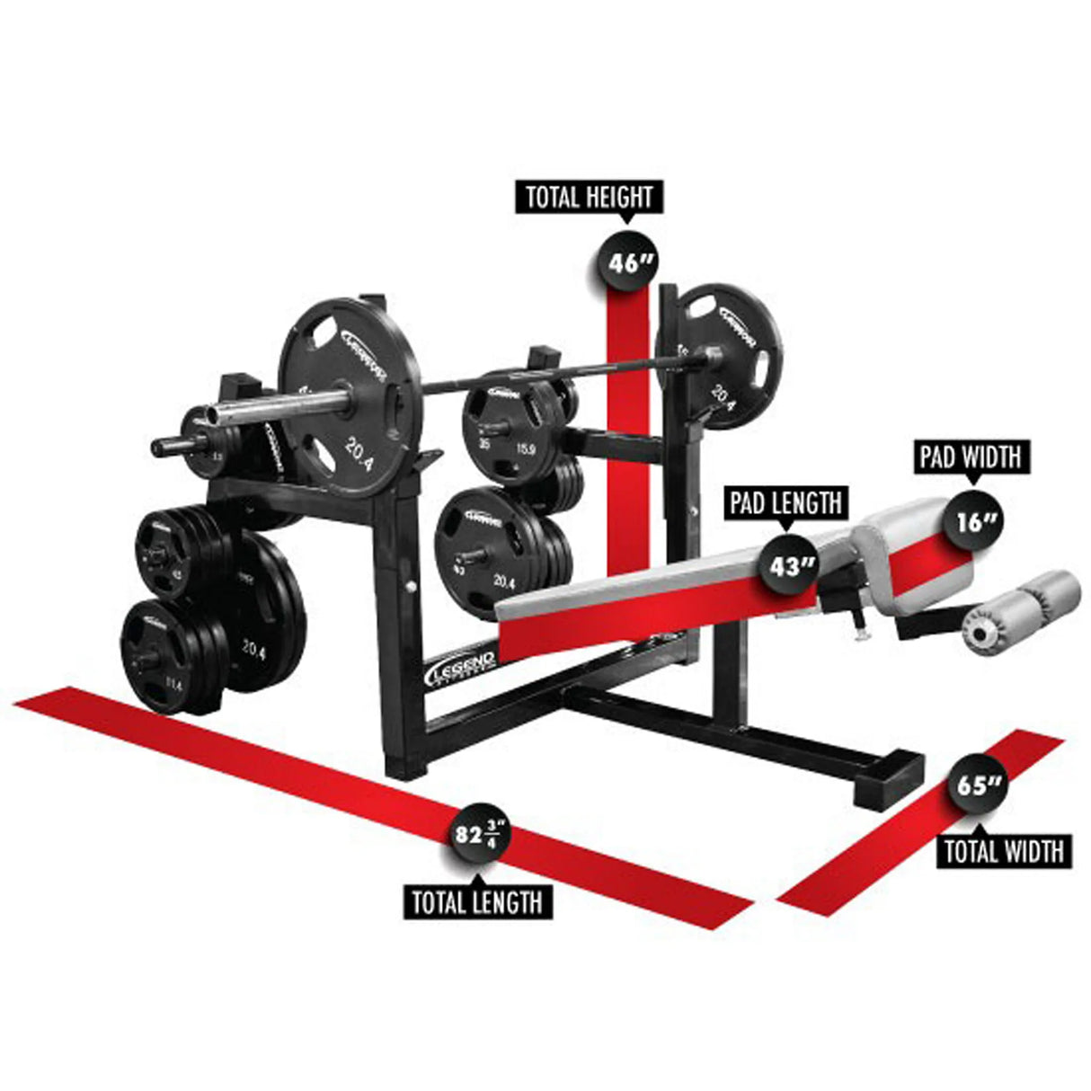 An Olympic decline bench press on a white background with red labels and dimensions