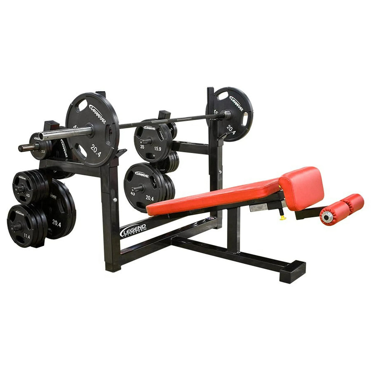 A black and red Olympic decline bench press with black weight plates on a white background