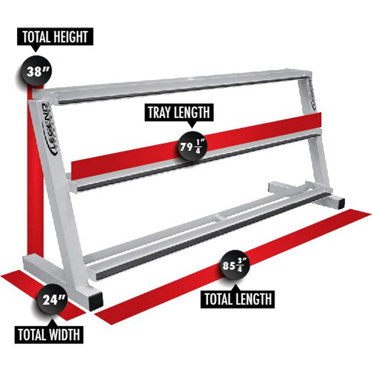 White metal dumbbell storage rack on a white background with labels and dimensions