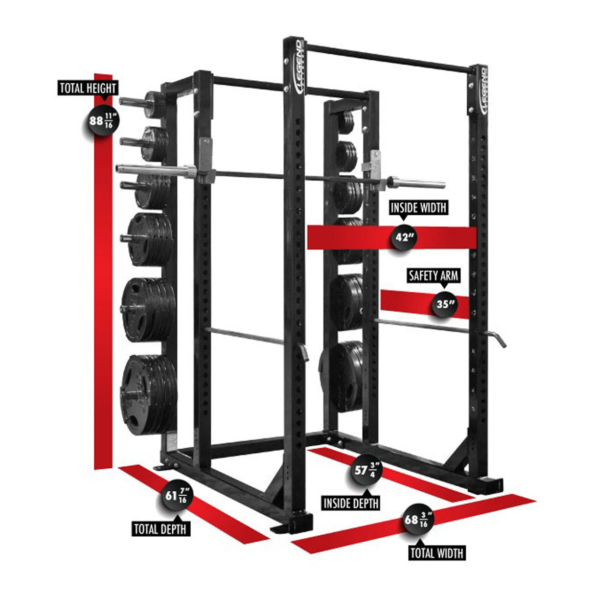 Black squat rack with labels and measurements