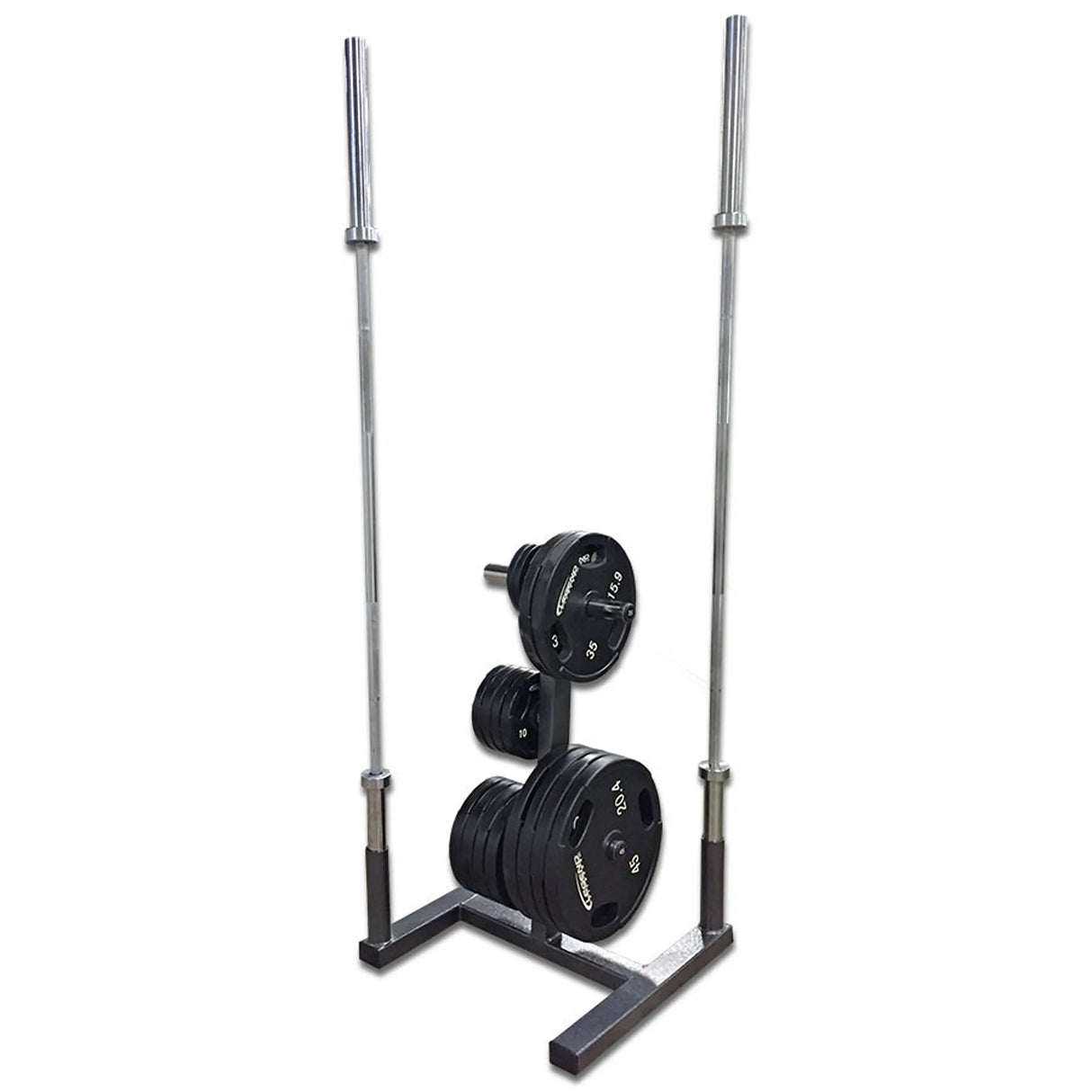 A silver storage rack with plates and barbells on it on a white background