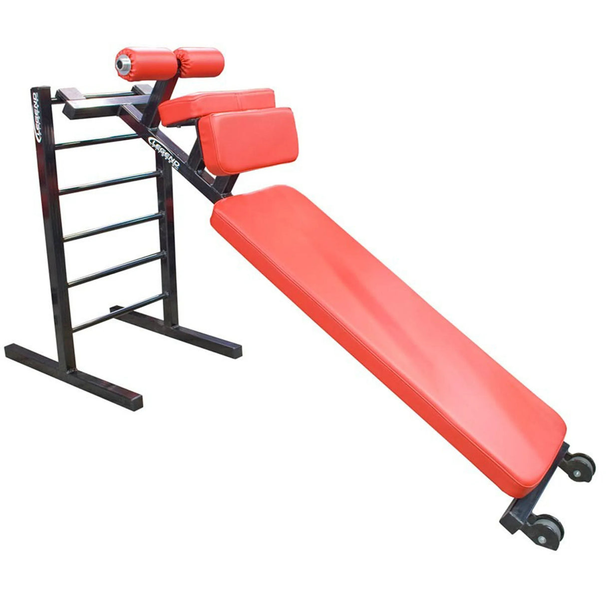 A red and black sit up bench on a white background