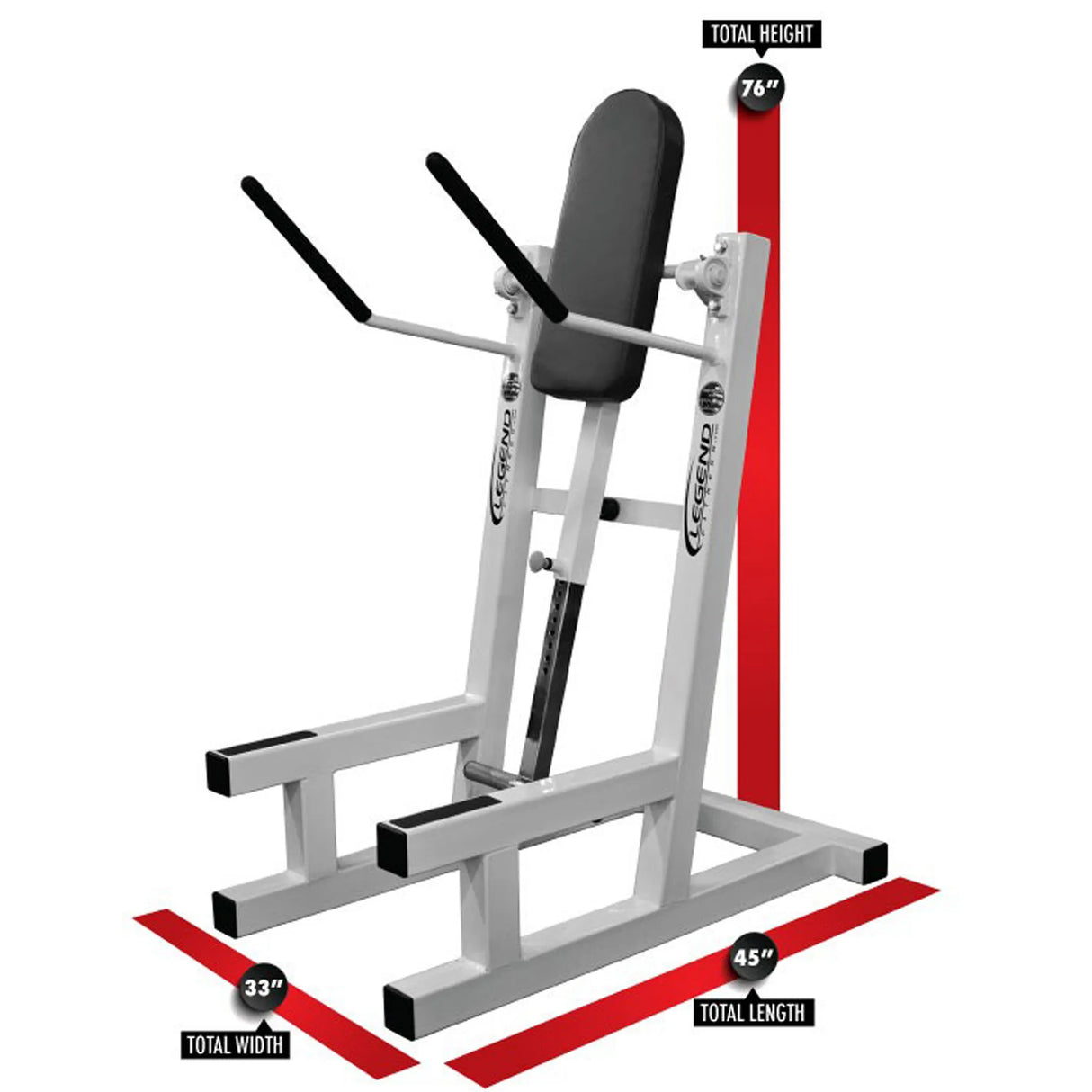 A black and white fitness machine on a white background with red labels and dimensions.