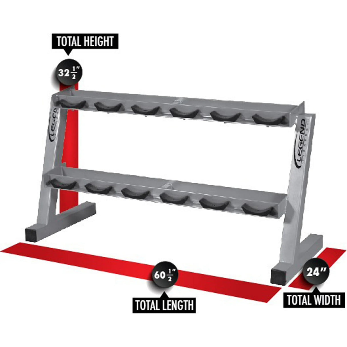 Metal dumbbell rack with black saddles on a white background with red labels and dimensions