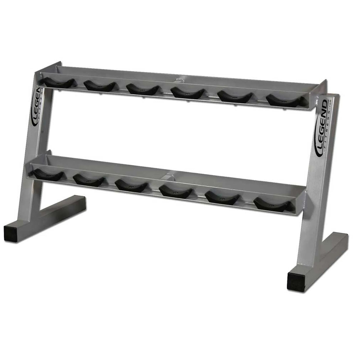 Metal dumbbell rack with black saddles on a white background