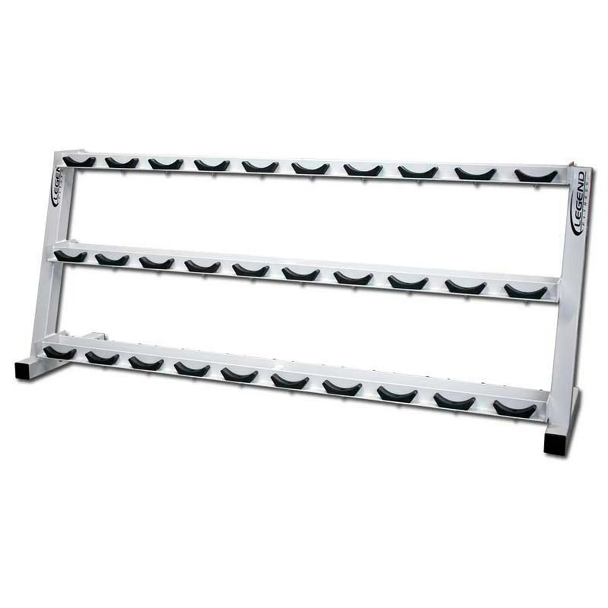 A white dumbbell storage rack with black saddles and a white background
