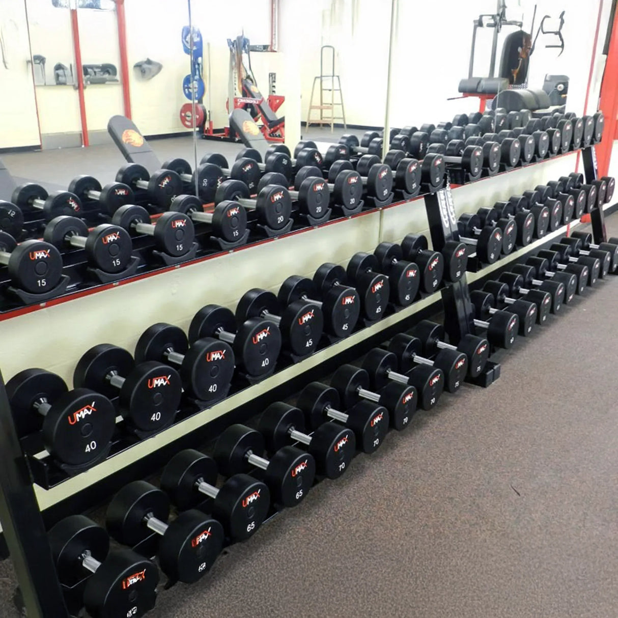 Row of dumbbells on multiple racks in a gym setting