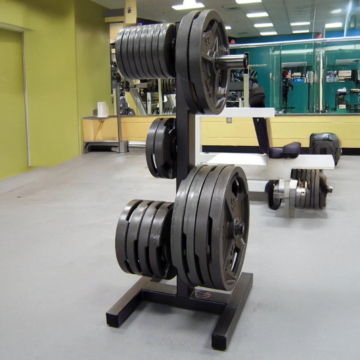 Set of weight plates on a stand in a gym setting