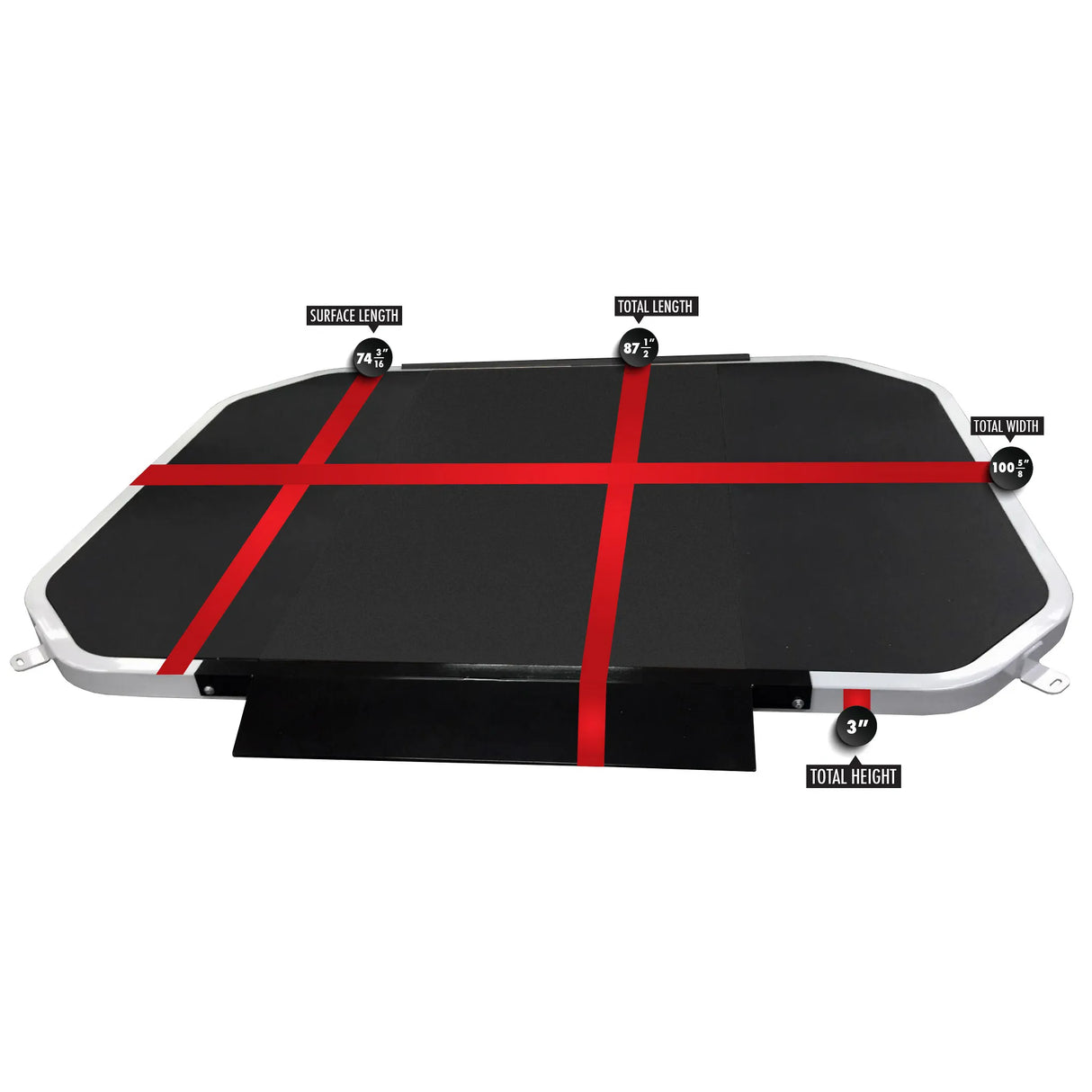 A rubber lifting platform with red measurements markings on a white background