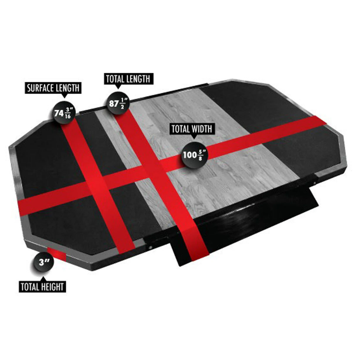 A wood and rubber lifting platform with red measurements markings on a white background