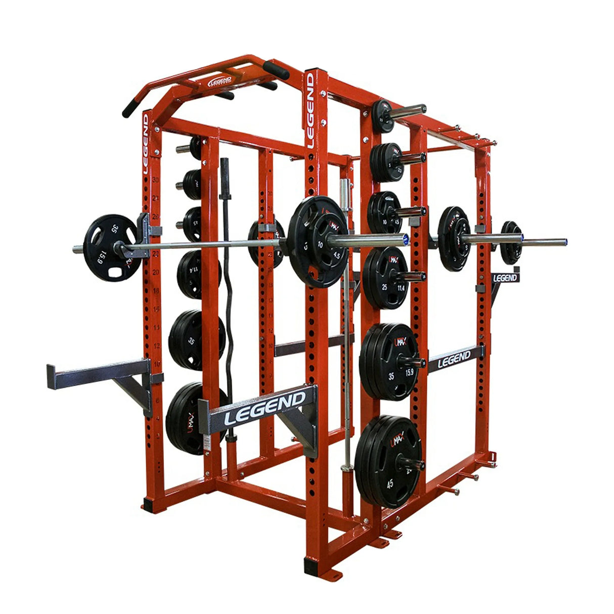 Red Legend fitness power rack with weight plates on a white background