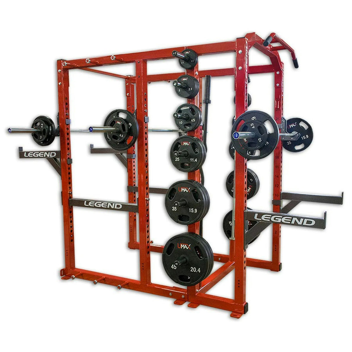 Red weightlifting cage with Legend branded weights on a white background