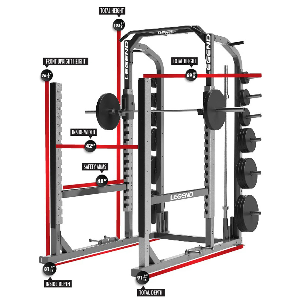 Gym power rack with measurement labels on a white background