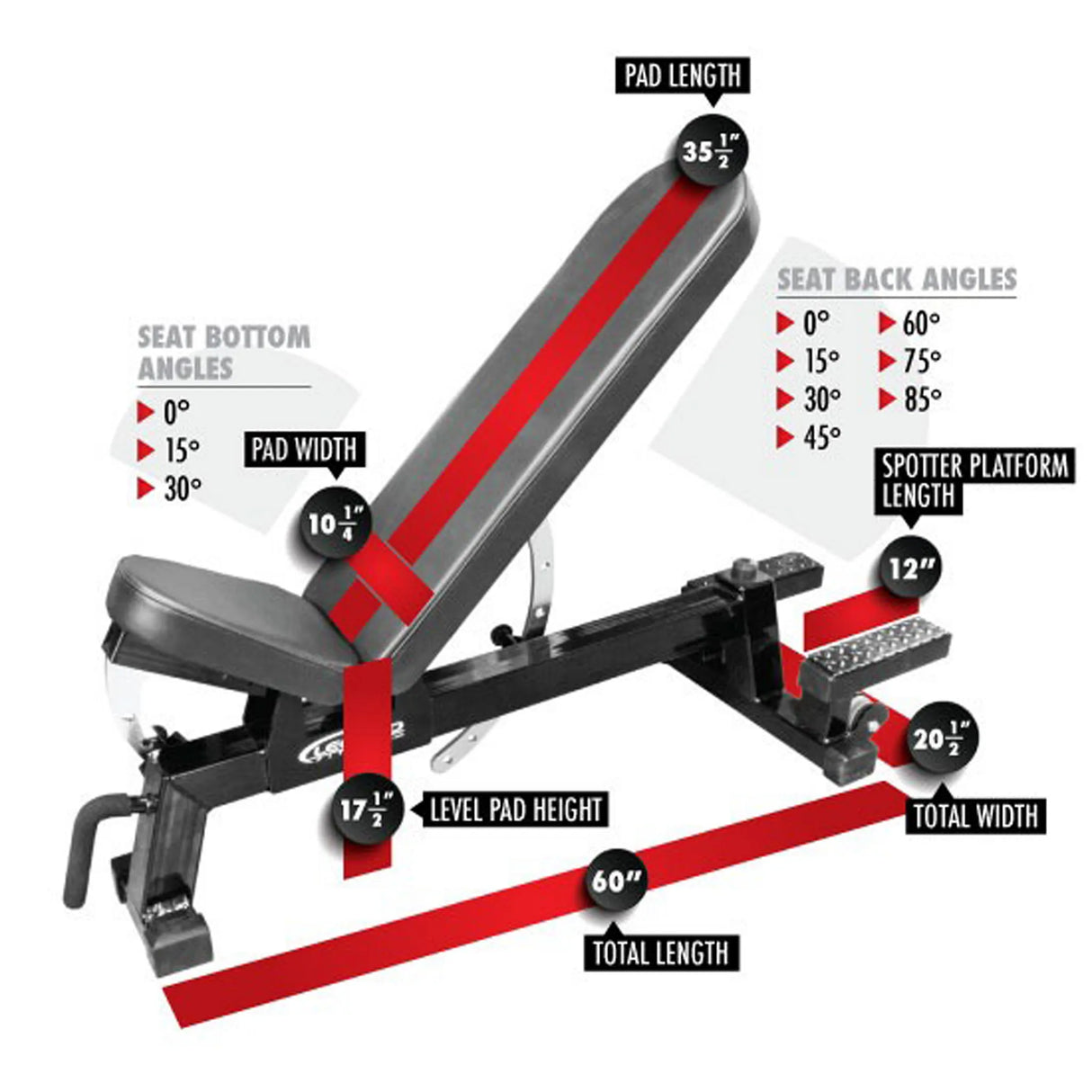 Gym bench with labeled measurements on a white background