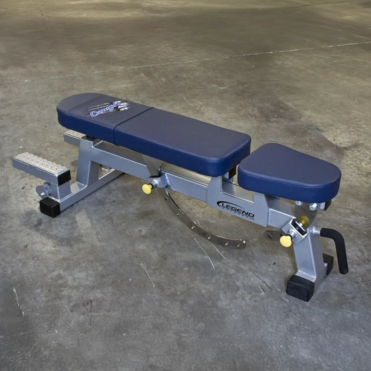 Blue and gray adjustable weight bench on a concrete floor