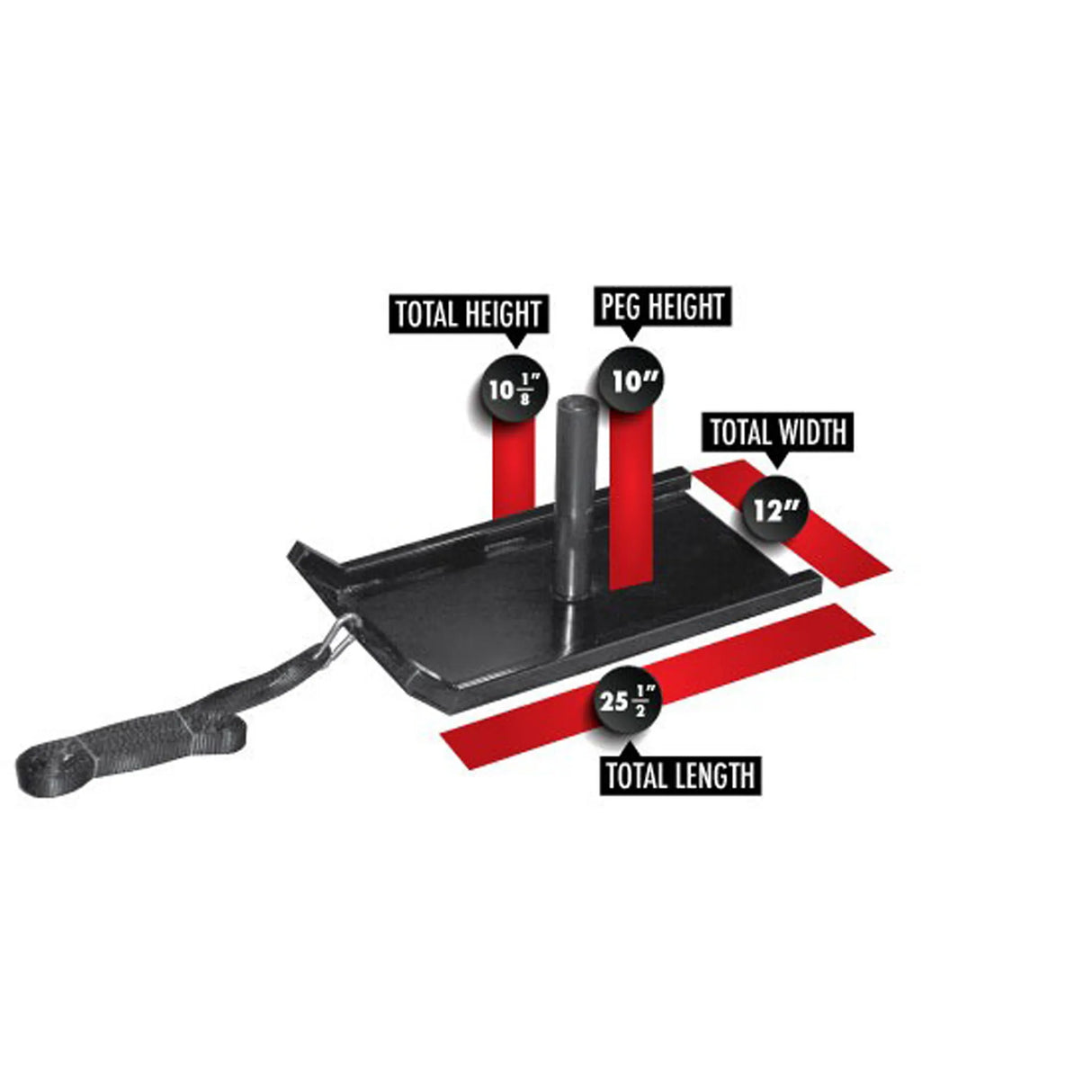 A small black metal fitness sled with a black strap on a white background with read labels and dimensions