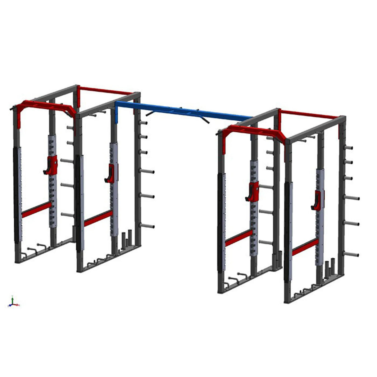 Power Racks connected with a long pull-up bar crossmember on a white background