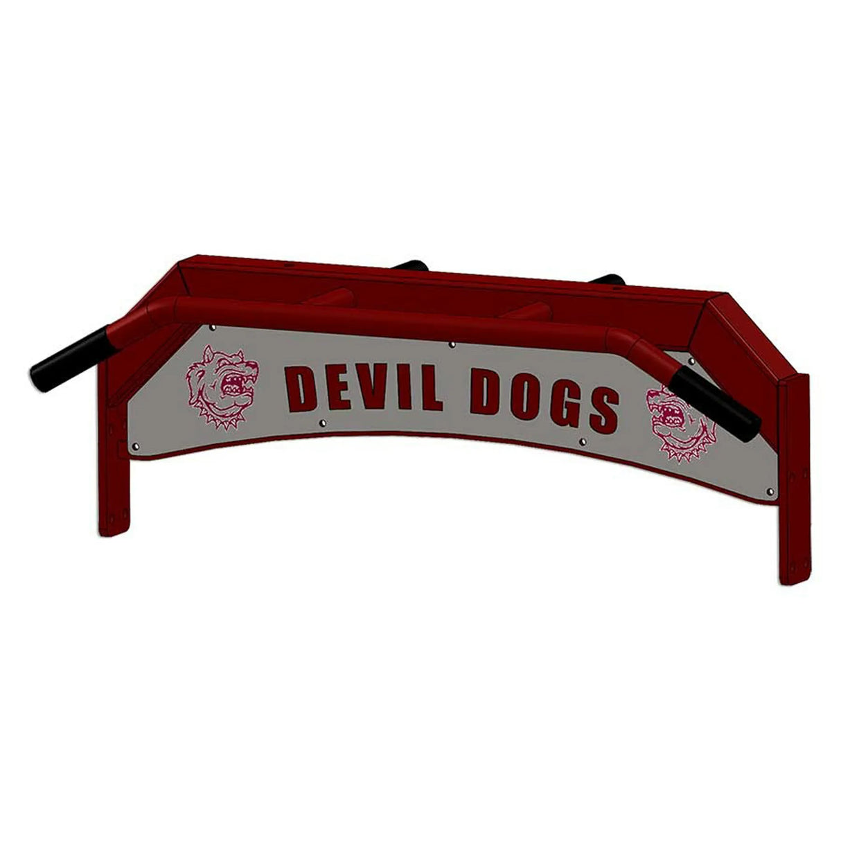 Red and gray rack pull-up-bar with 'DEVIL DOGS' branding on a white background
