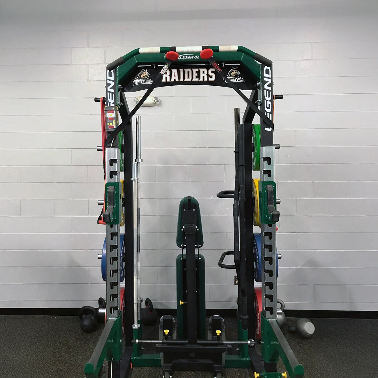 A name plate on a half rack with 'Wright State Raiders' branding
