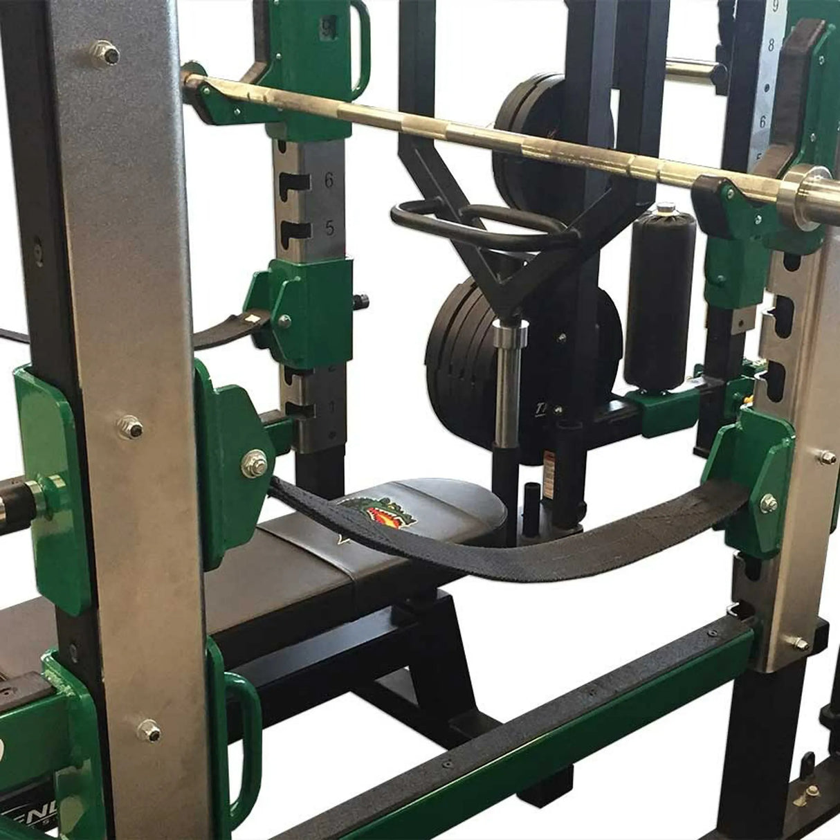 Squat rack with barbell on a white background