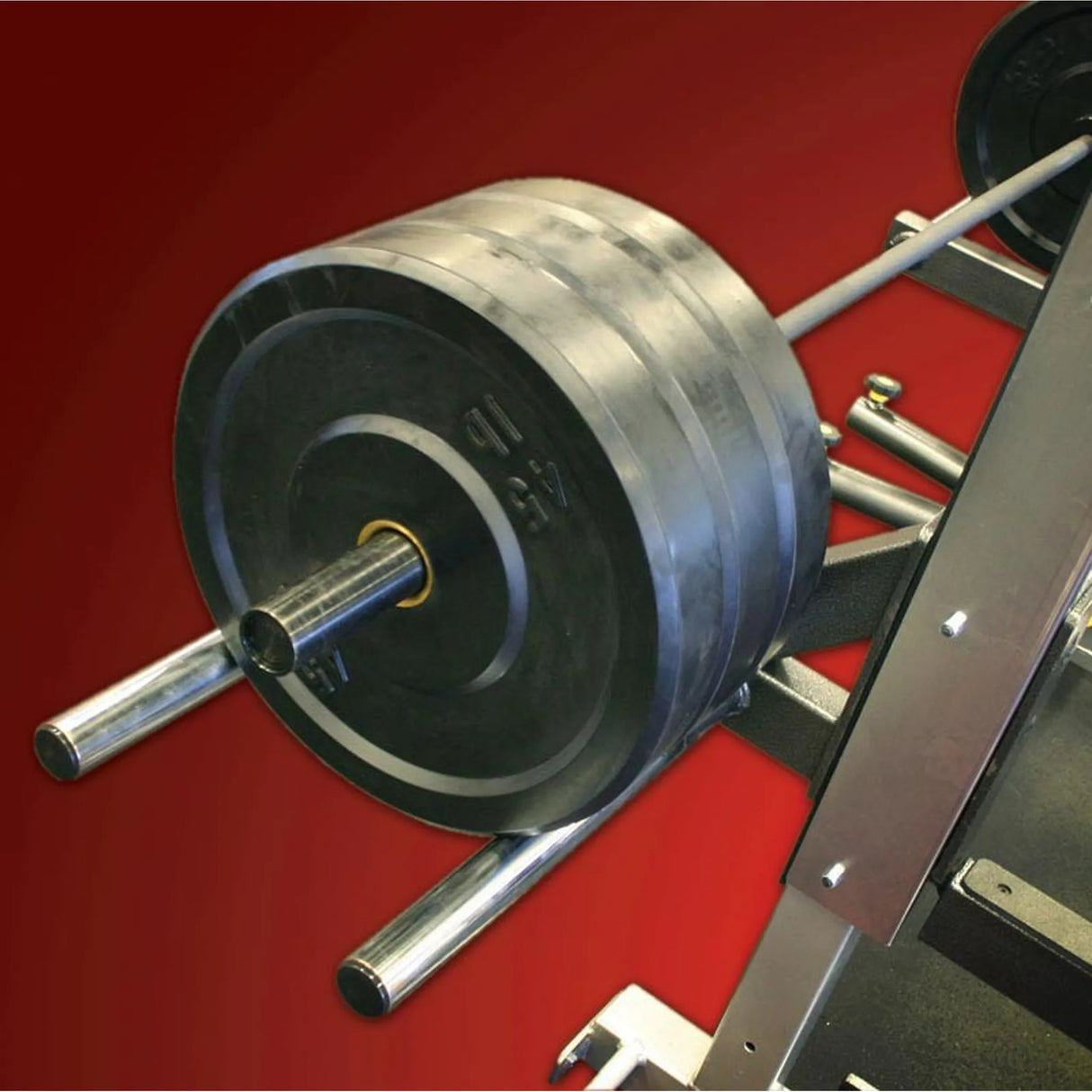 Barbell with weight plates on a red background