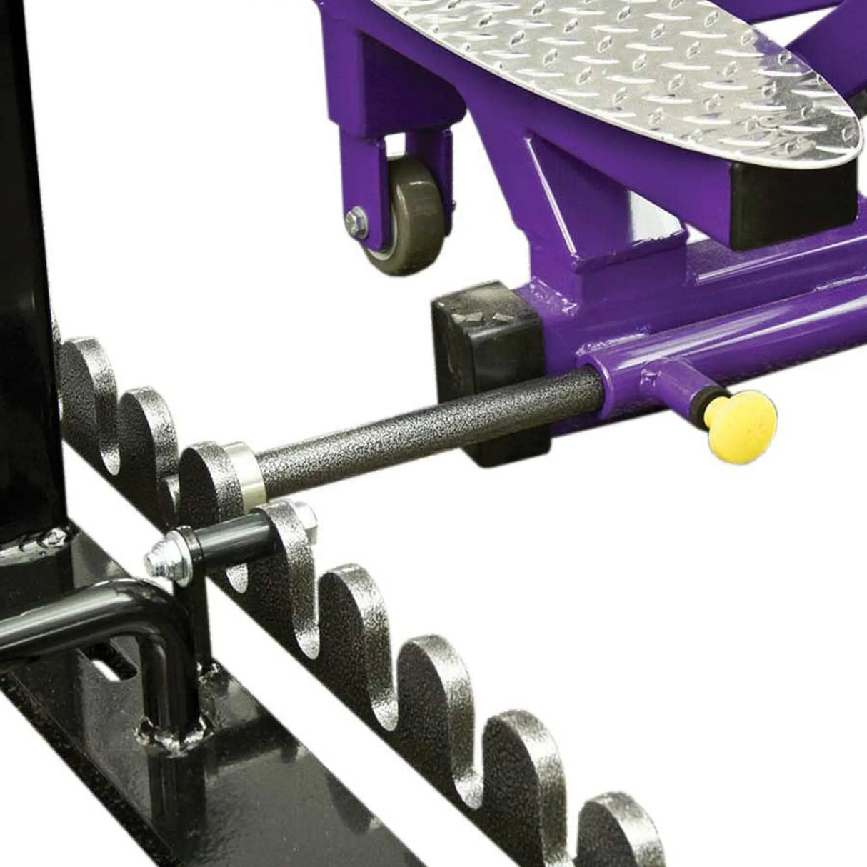 Closeup of a purple bench press docking system