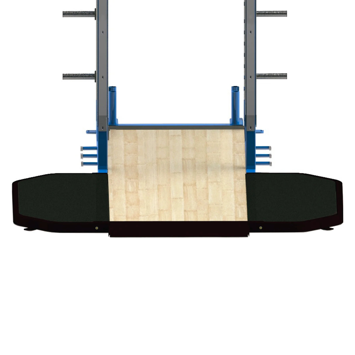 Squat rack connected to a wood and rubber weightlifting platform