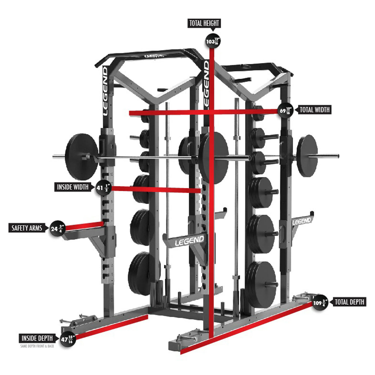 Gym power rack with labeled dimensions on a white background