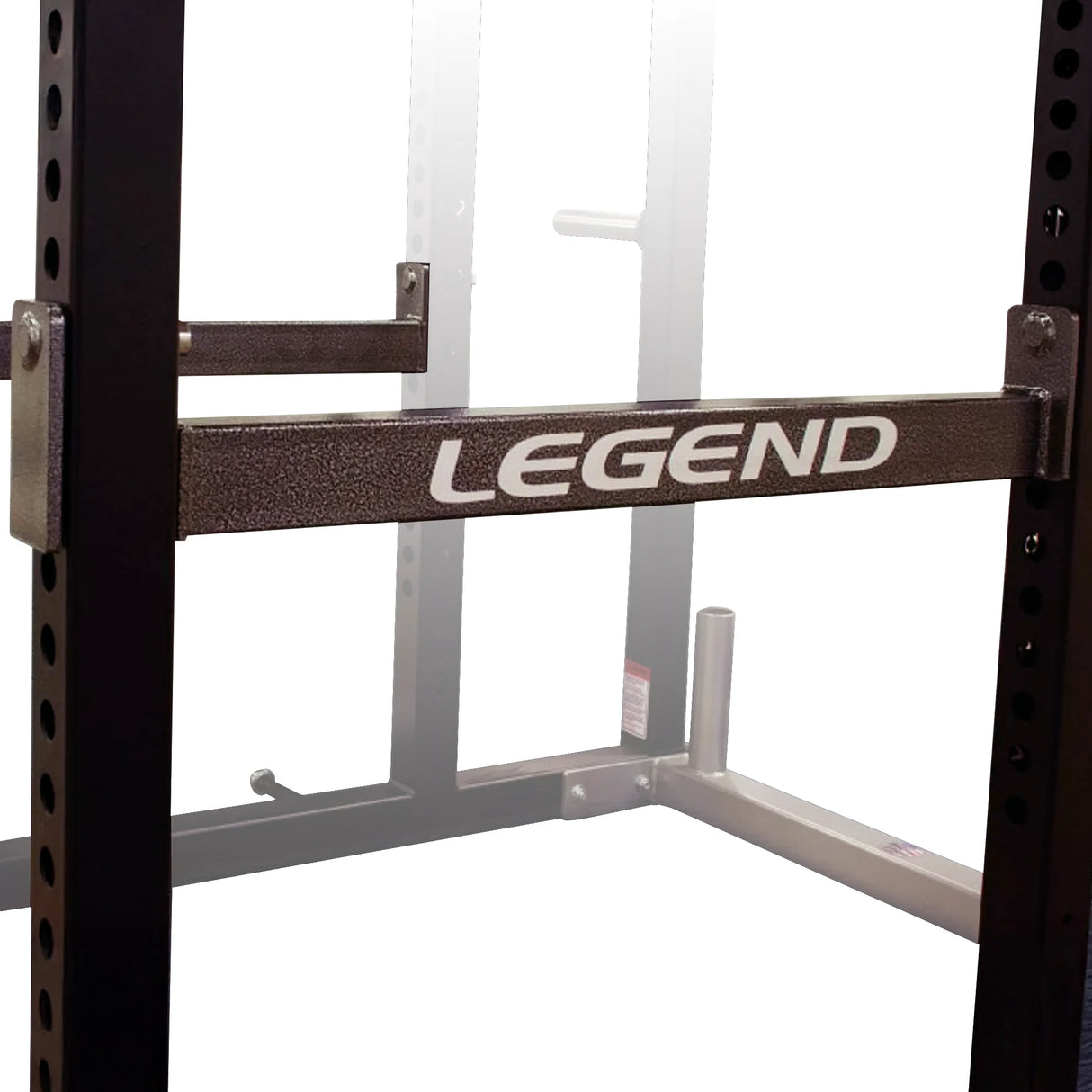 Black weightlifting rack with a gray safety arm with 'Legend Fitness' branding on a white background