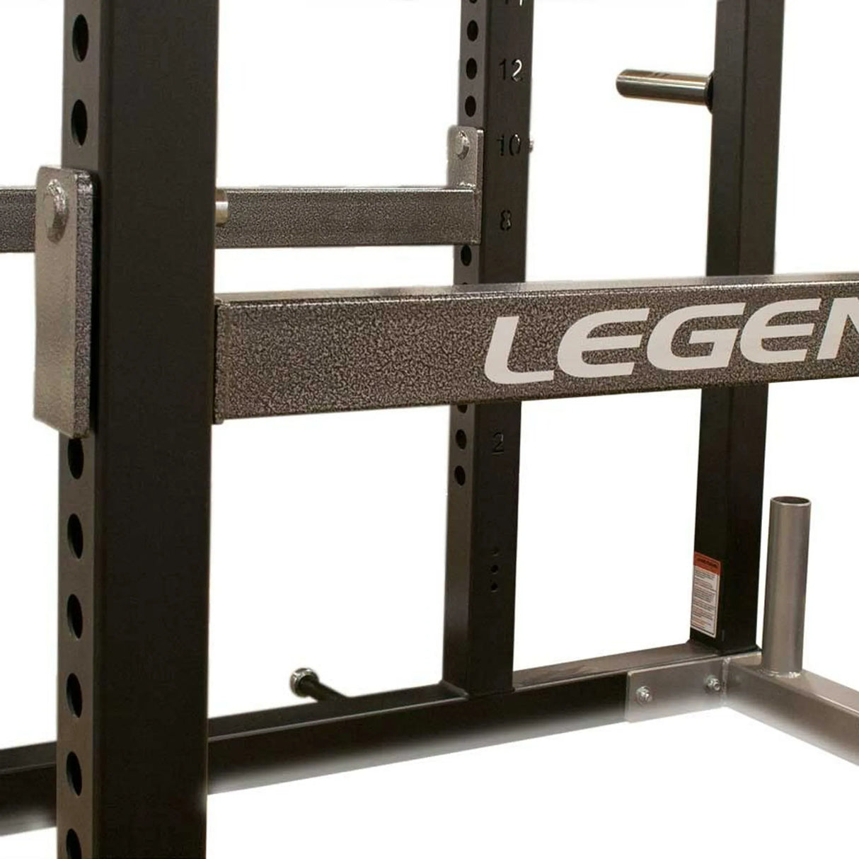 Black weightlifting rack with a gray safety arm with 'Legend Fitness' branding on a white background