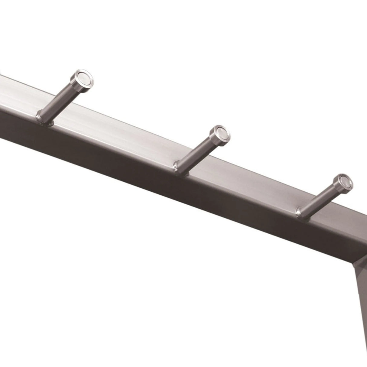 A metal horizontal beam with three metal prongs sticking out from the side