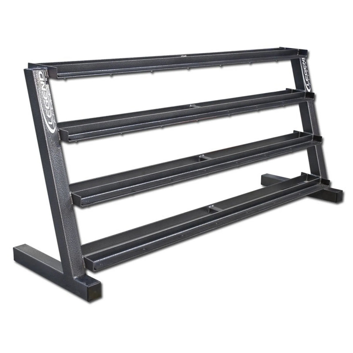 A four-tier black metal weight rack on a white background