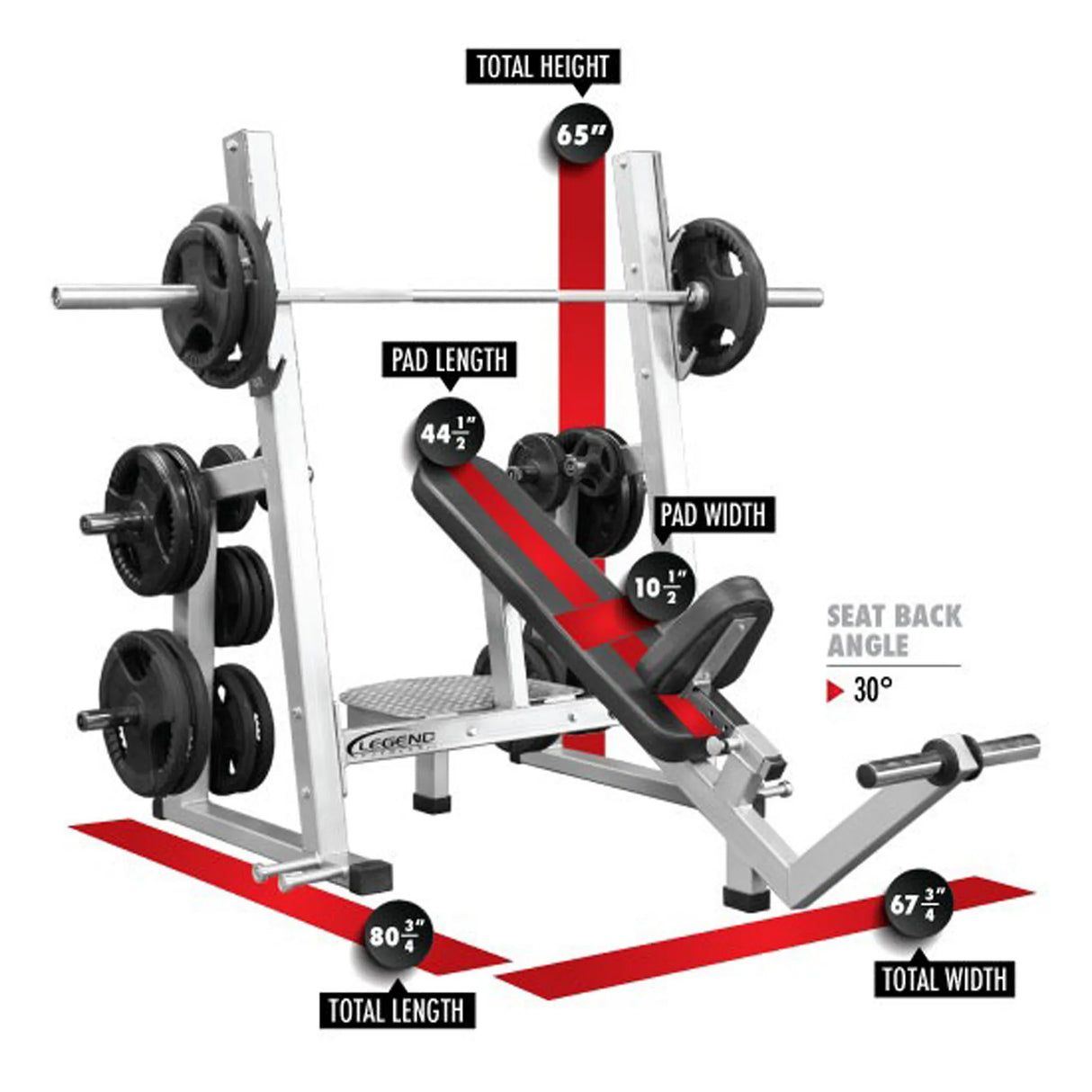 An incline Olympic bench press with a white backgrounds and dimensions and labels