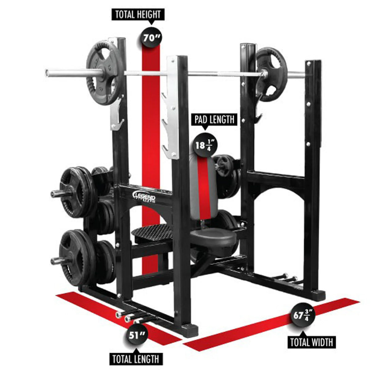 A black Olympic shoulder press bench on a white background with red dimensions and labels.