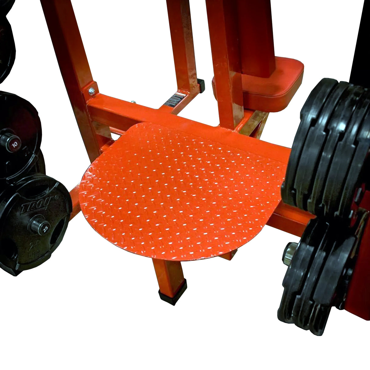 Orange weightlifting platform with weight plates on a white background