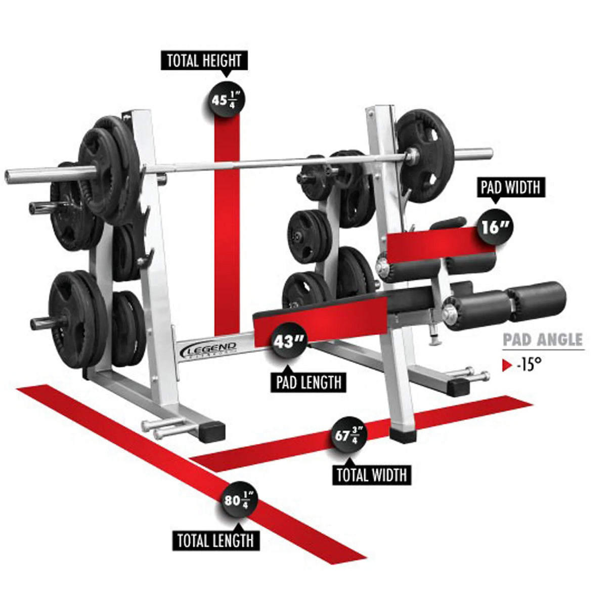 A black and white Olympic decline weightlifting bench on a white background with red dimensions and labels.