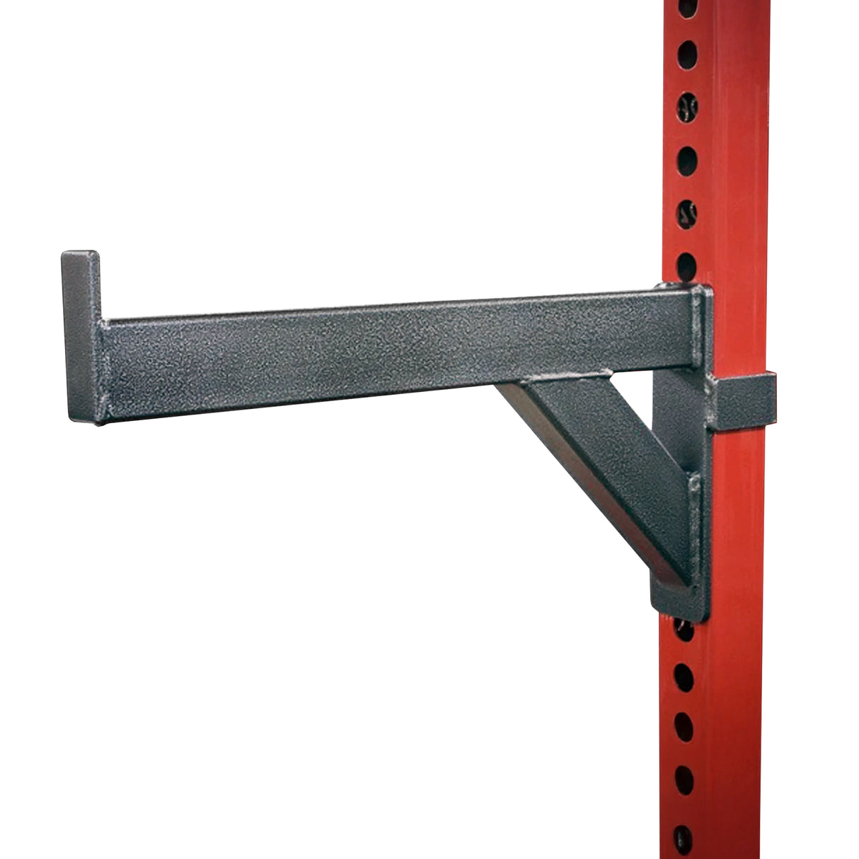 Black and silver spotter arm mounted on a red rack upright with a white background