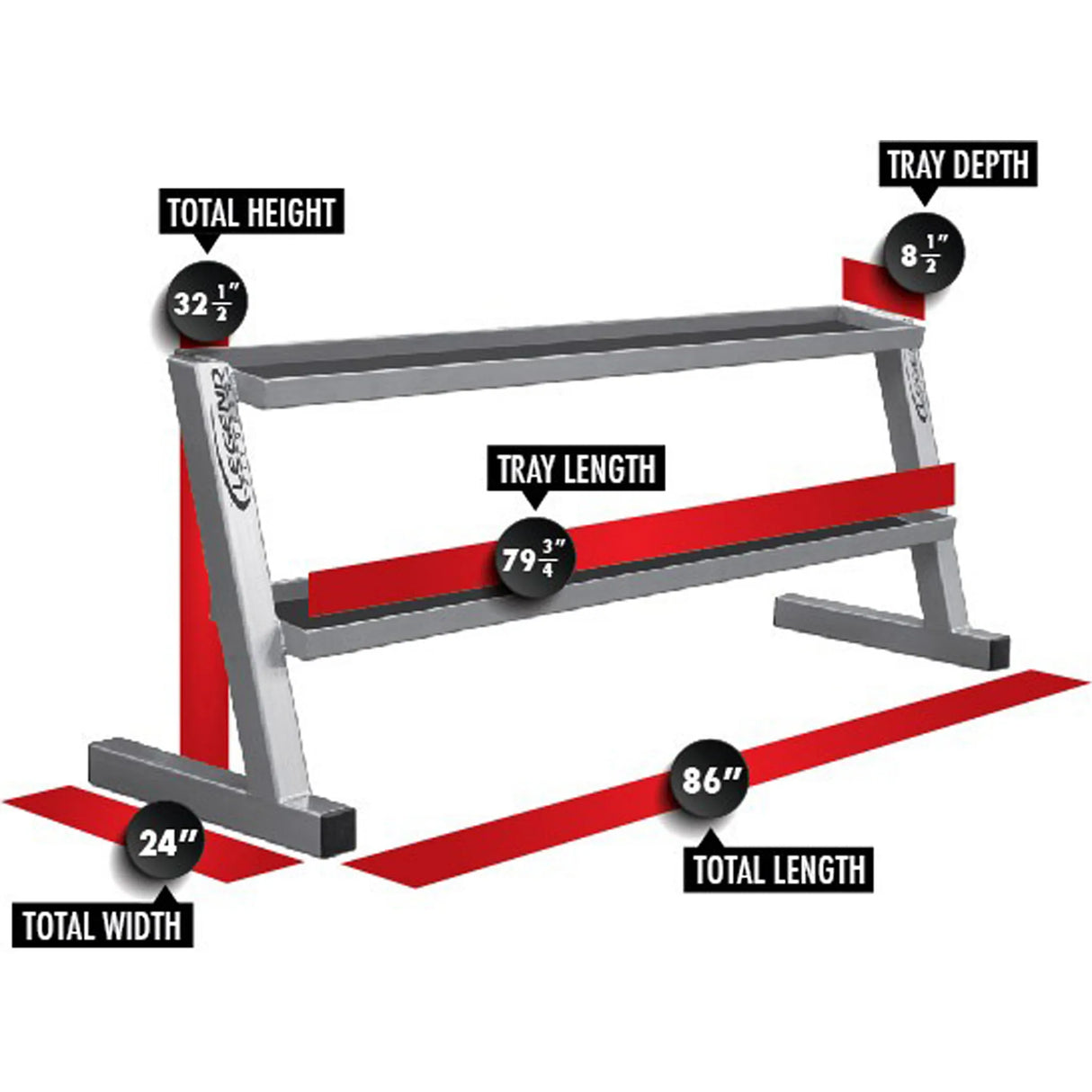 Measurement chart of a metal tray with dimensions labeled