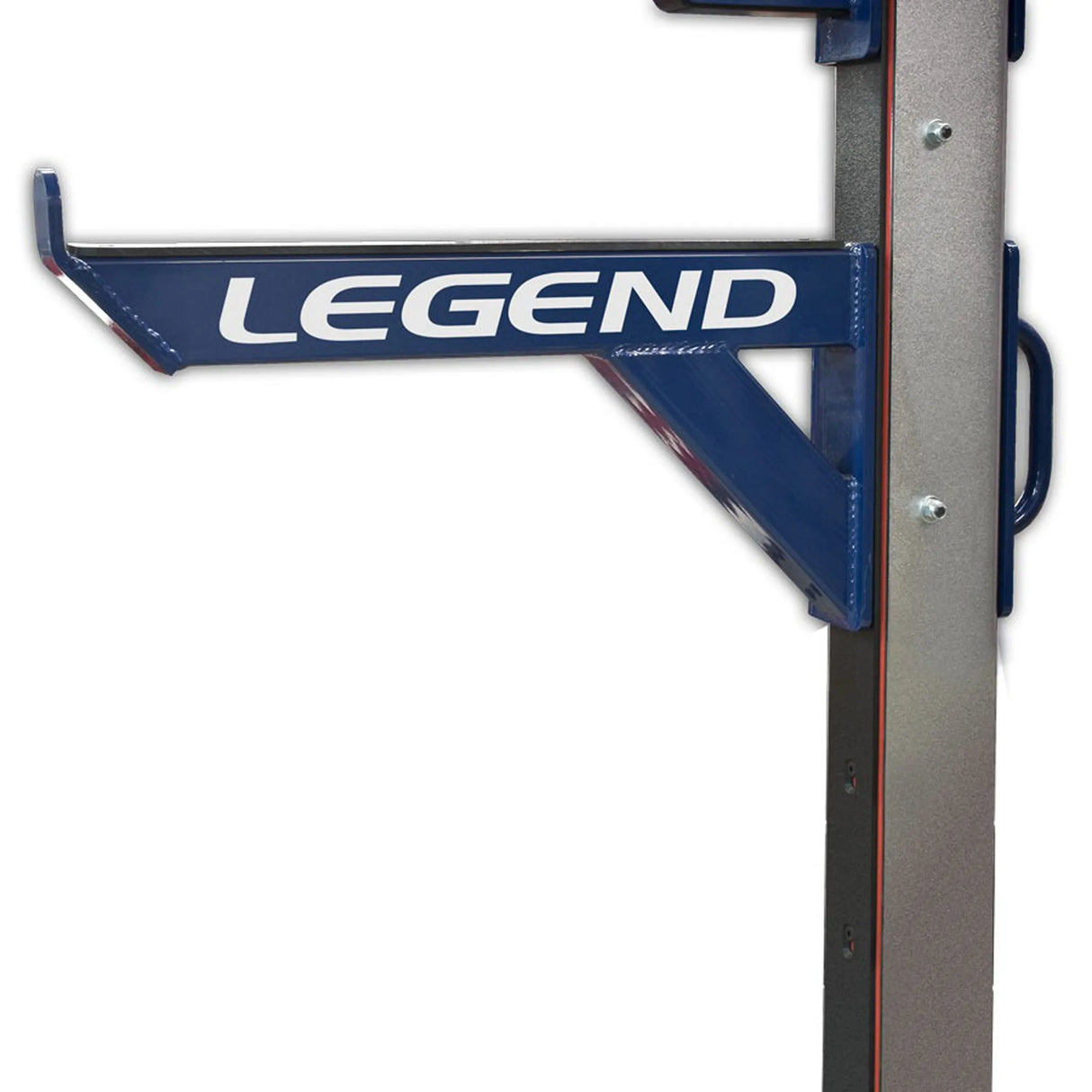 A metal safety arm mounted to a squat rack with 'Legend' branding on a white background