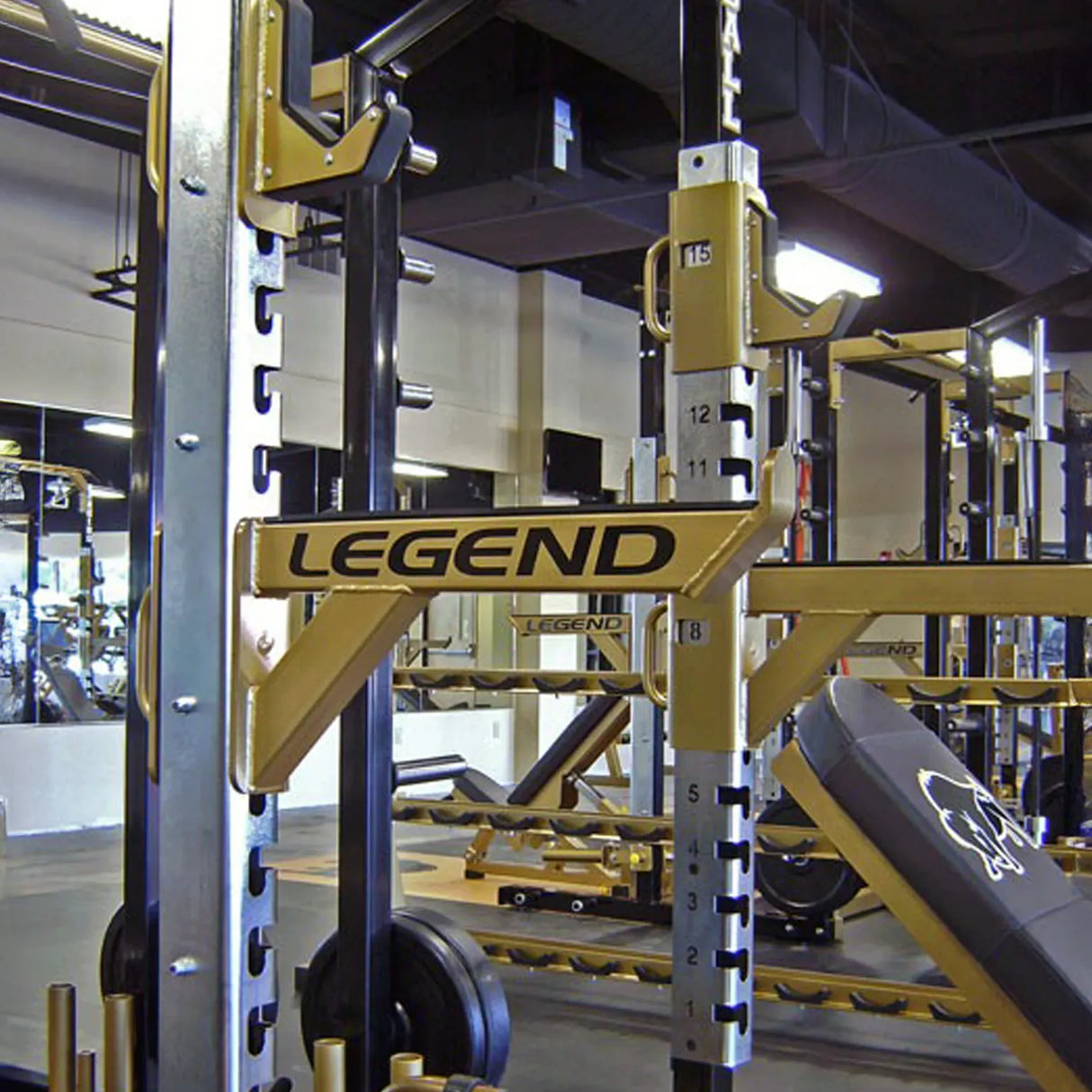 A metal safety arm mounted to a squat rack with 'Legend' branding
