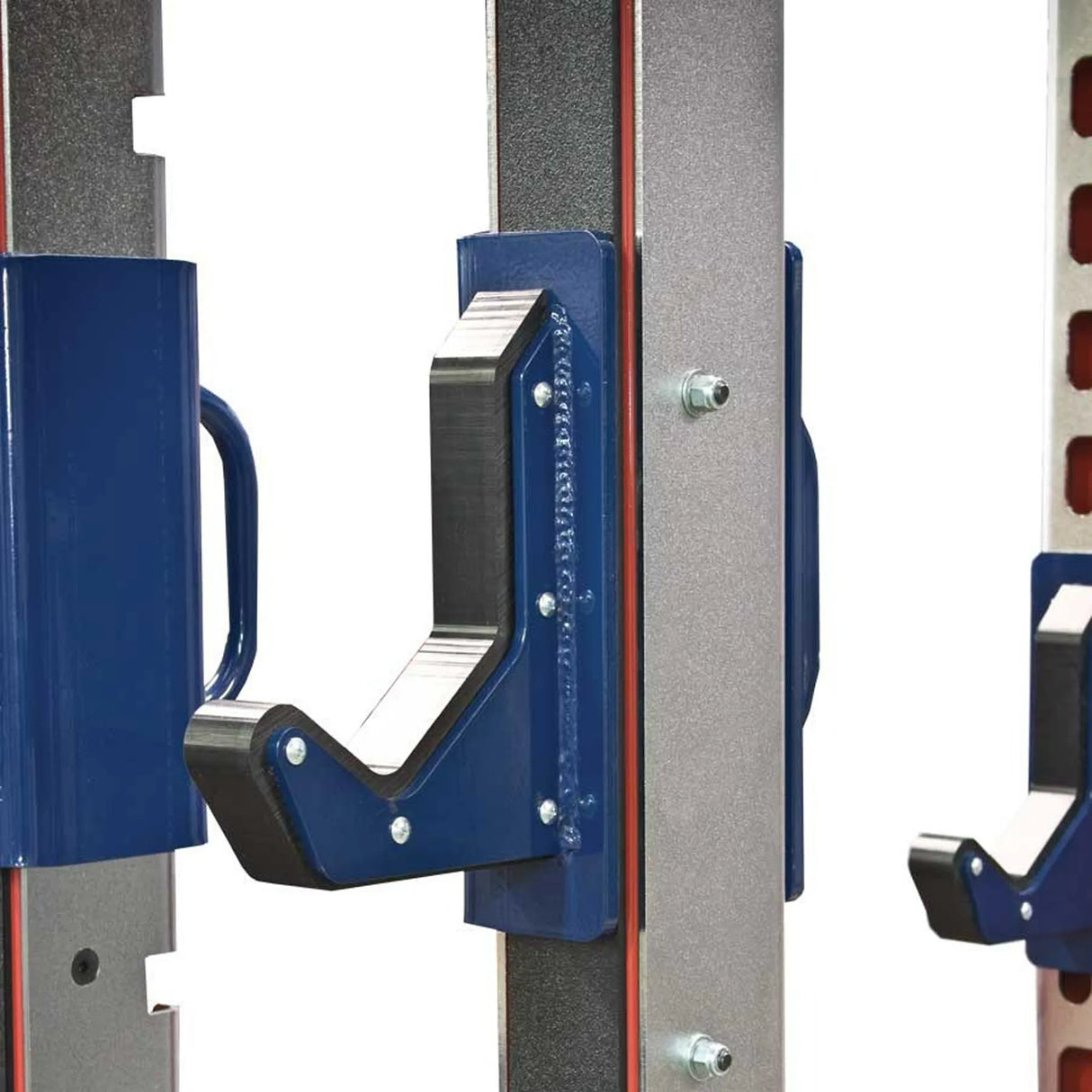 Blue weightlifting hook attached to a weight rack with a white background