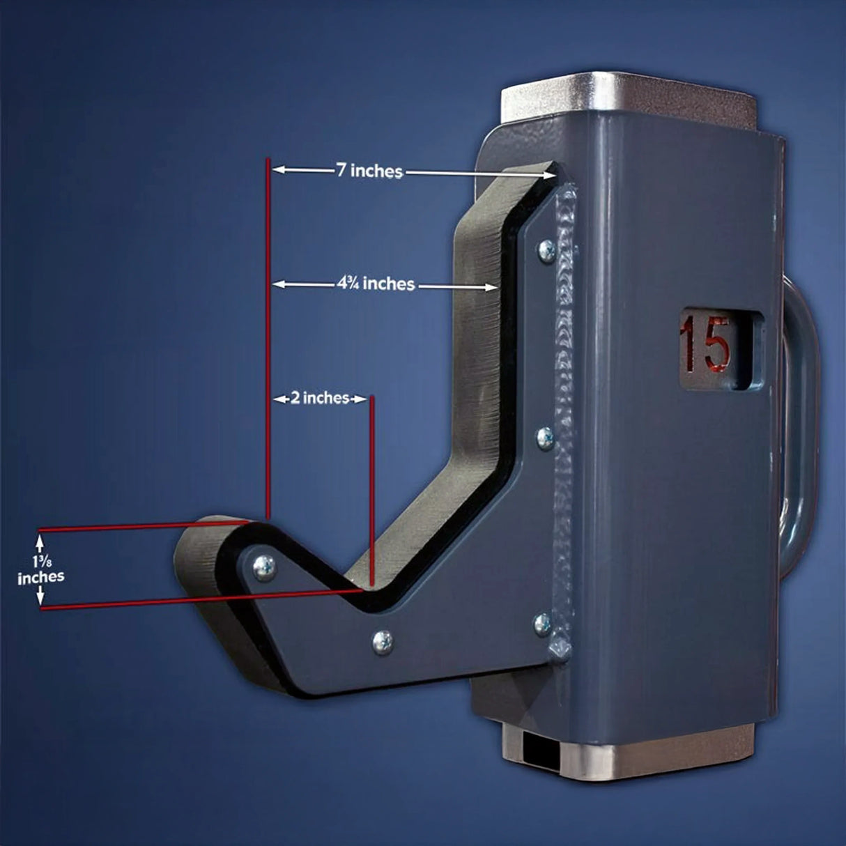 Blue metal barbell hook with dimensions on a blue background