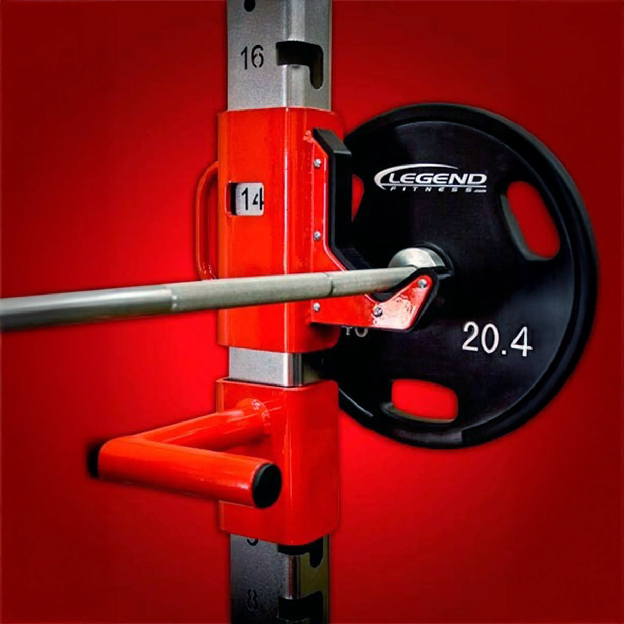 Red weightlifting bench with barbell and Legend Fitness weight plates on a red background
