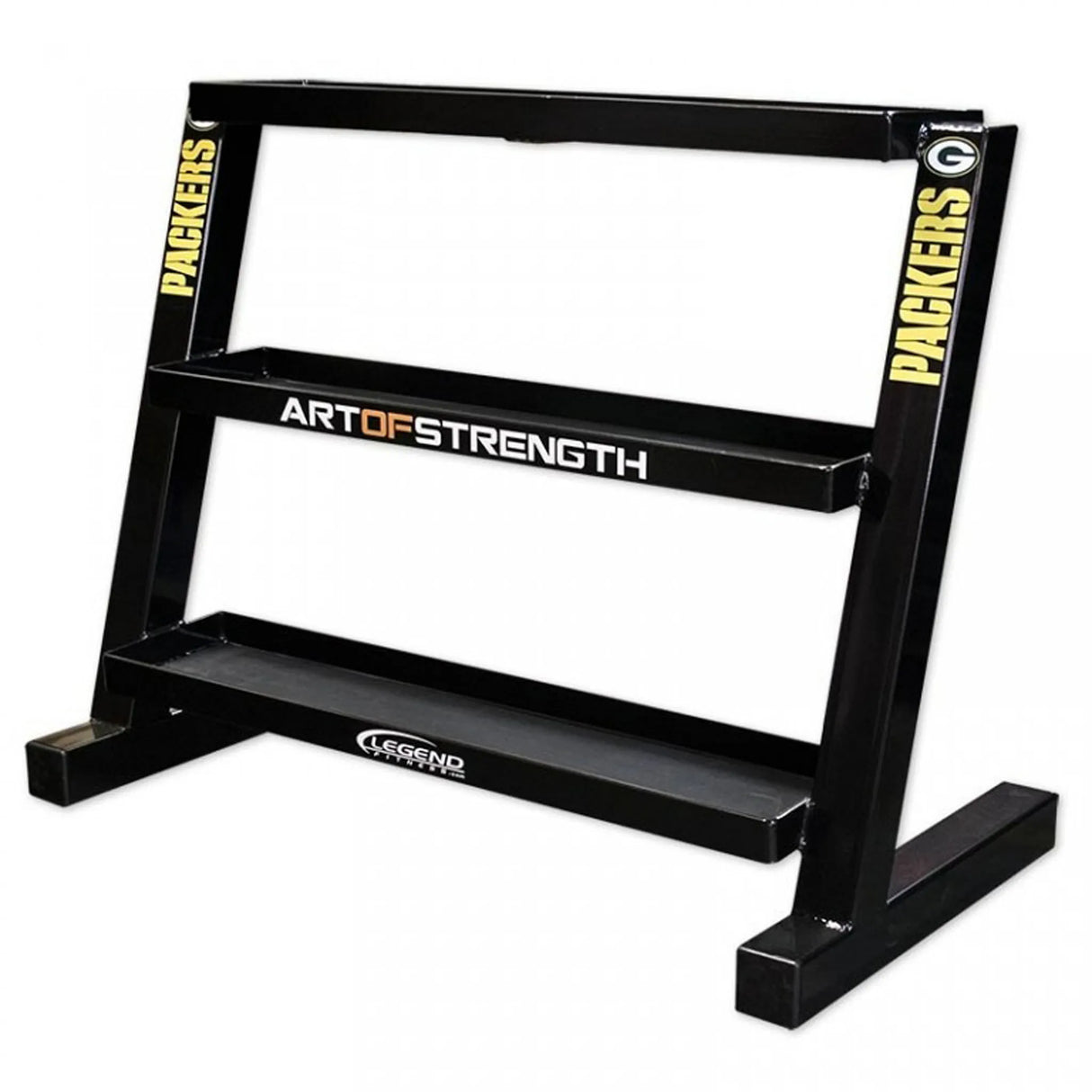 The Legend Fitness 3257 Short 2-Tier Kettlebell Rack is a sturdy, angled black metal rack by Legend Fitness with ample storage space and iconic branding on its frame.